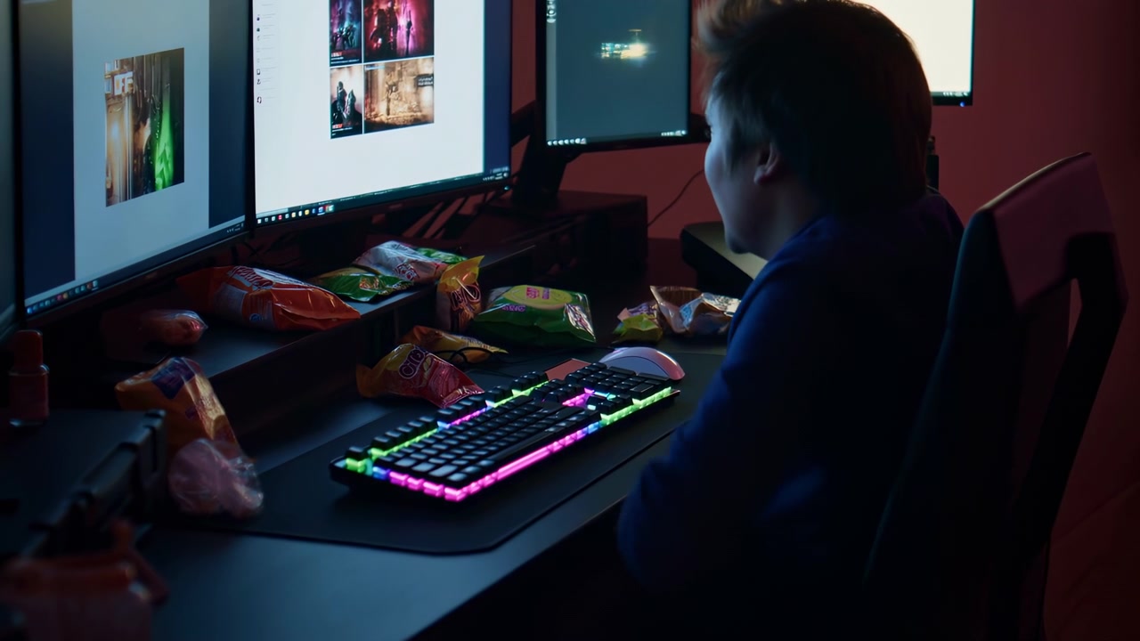 A young person sits at a desk and works on a multi monitor computer setup in a dim room, viewed from behind and slightly to the side, with bright screens lighting the workspace and snacks scattered nearby