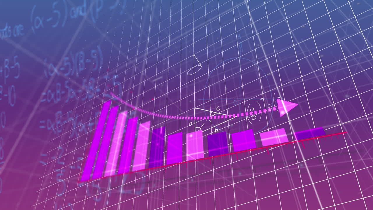 animación de gráficos con patrón de flecha sobre cuadrícula y ecuaciones y diagramas matemáticos.