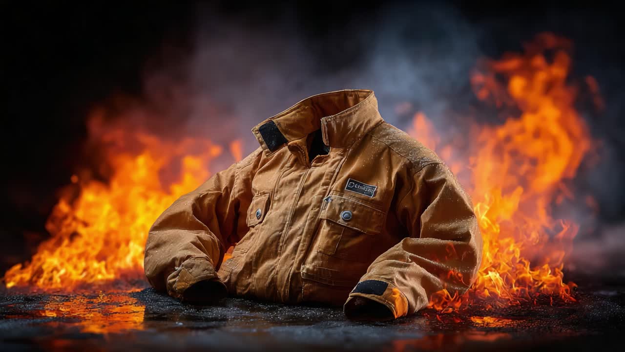 A striking visual of a headless jacket enveloped in vivid flames, highlighting the contrast between the rugged fabric and the intense fire surrounding it, evoking themes of resilience and danger