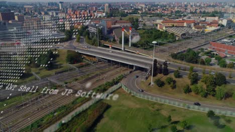animación del mapa del mundo y procesamiento de datos frente a una vista aérea del paisaje urbano