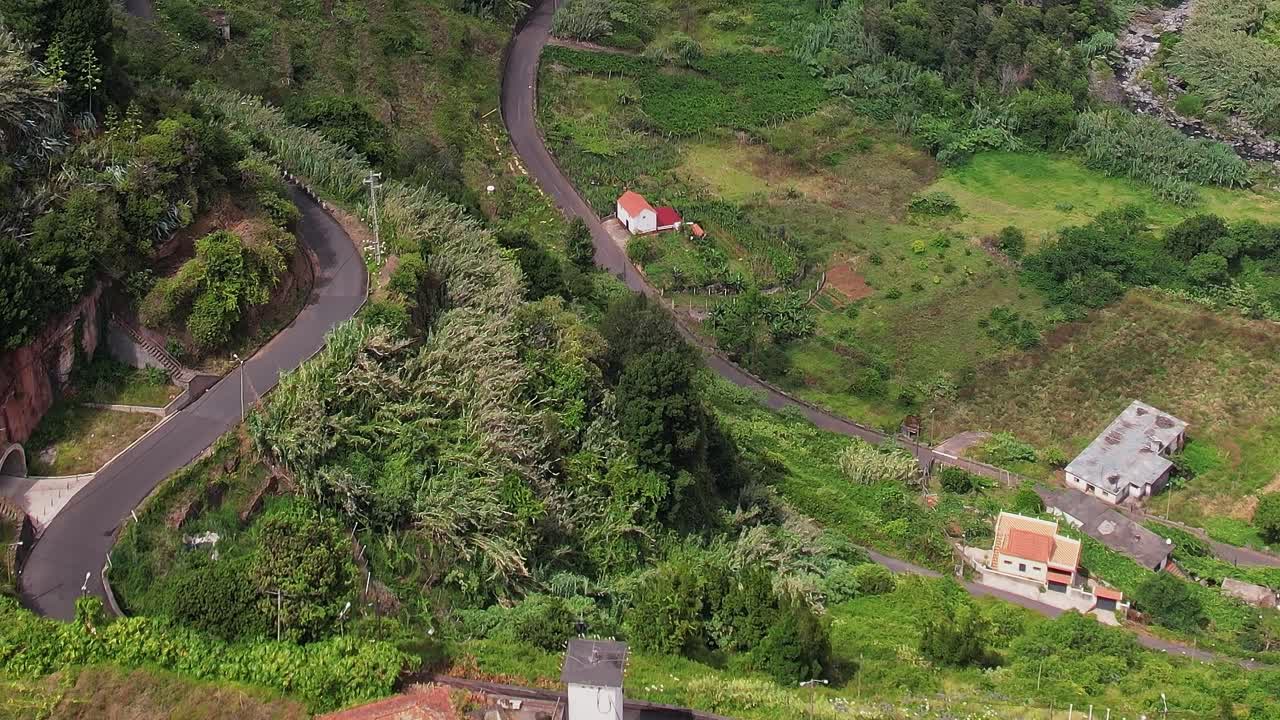 Aerial view of winding roads and lush greenery in Madeira