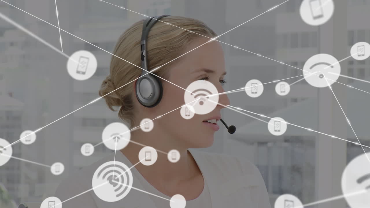 Animation of network of connections and icons over businesswoman wearing headset