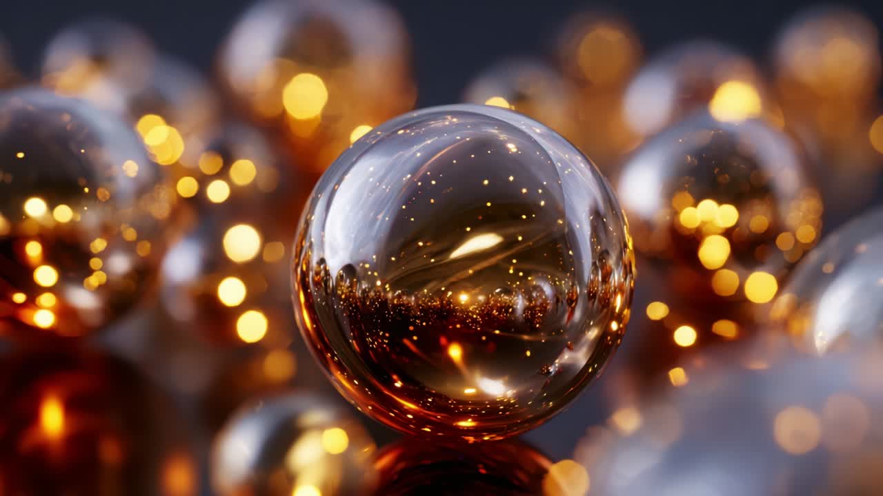 Glistening Orbs: A Captivating Close-Up of Shimmering Golden Spheres Amidst a Sea of Sparkling Lights, Showcasing the Intricate Play of Reflections and Radiant Highlights in a Dreamlike Background