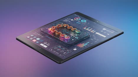 interactive technology visualization featuring a tablet with advanced data display and colorful network graphics for innovative insights and analysis