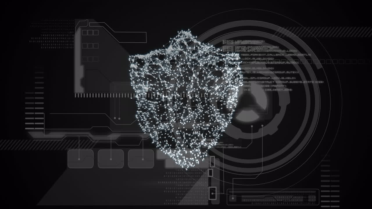 animación de un escudo digital sobre un fondo negro con datos diversos