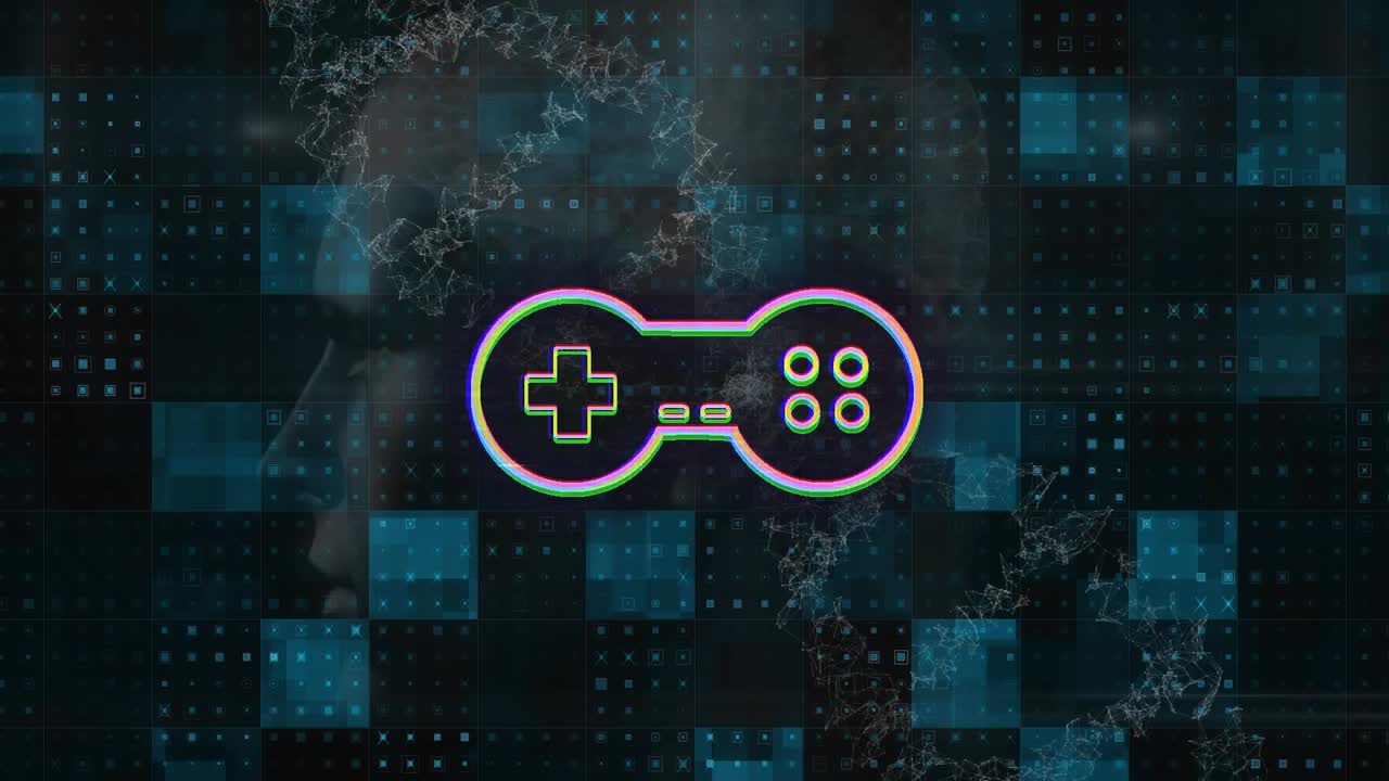 Animation af gamepad over DNA og sort baggrund med blå firkanter.