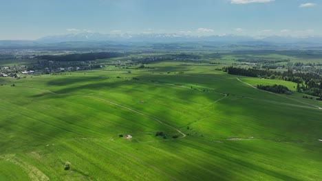 wide panorama of meadows and pastures with majestic tatra mountains background, aerial