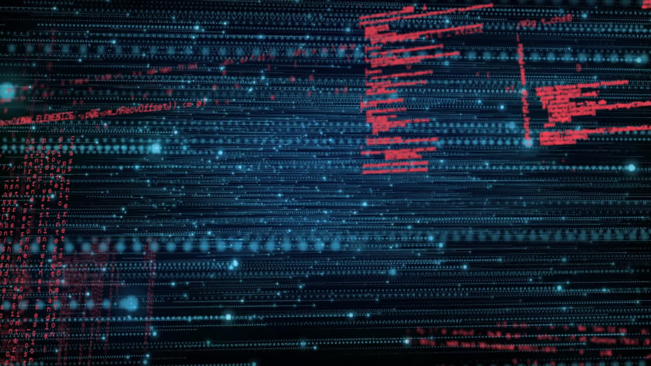 Animation of digital code and data streams with red text on blue background