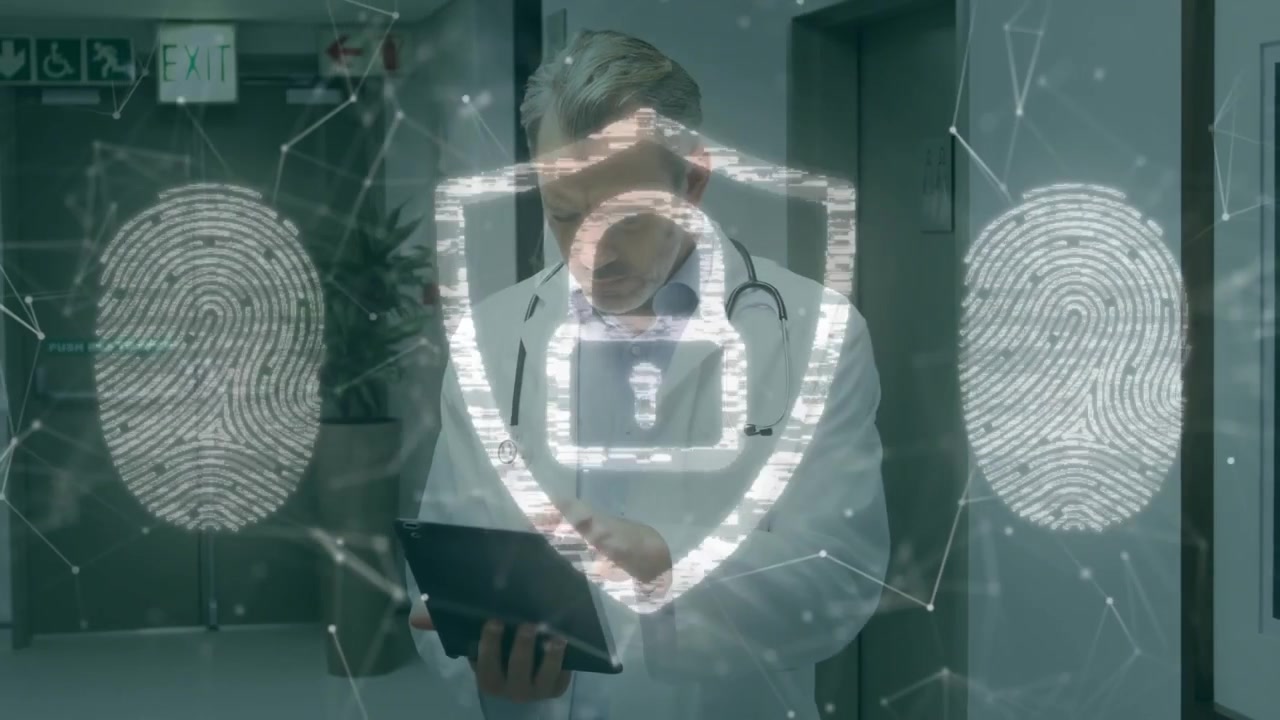 Doctor tapping tablet in hospital causing data flow and shield padlock locking access on torso