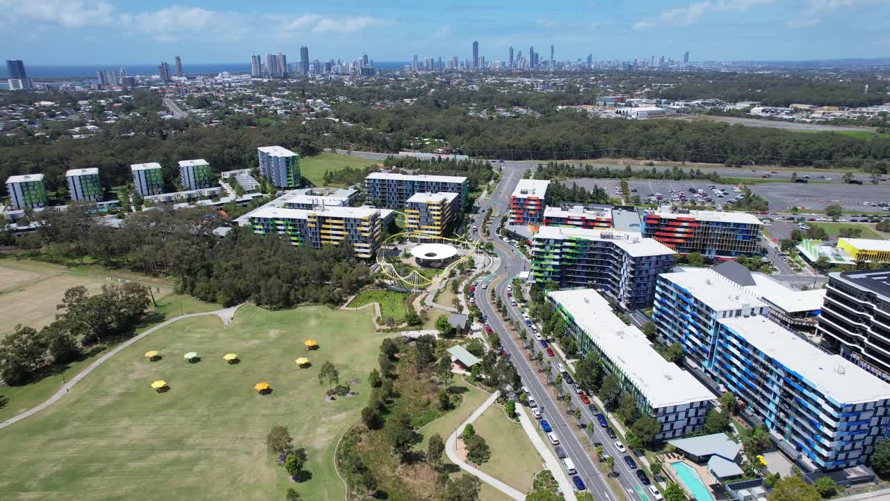 Village Heart And Colorful Apartment Buildings In Southport, Queensland, Australia. Aerial Shot