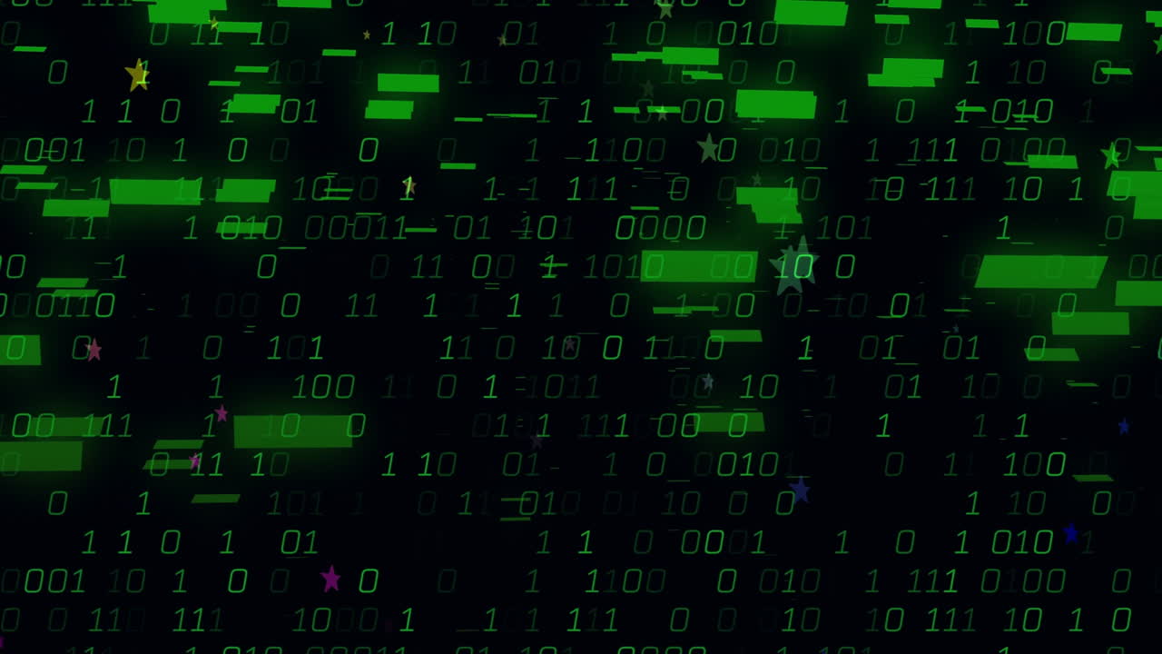Animation of green binary code with colorful stars on black background