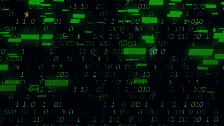 Animation von grünem Binärcode mit farbenfrohen Sternen auf schwarzem Hintergrund