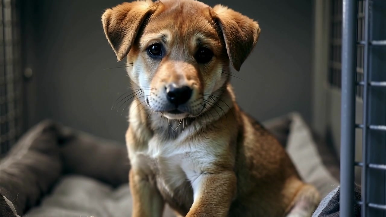 Pawing brown-tan puppy reacting to plush toy on padded bed inside crate, noticing camera outside