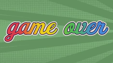 animación digital de un juego colorido sobre texto contra un fondo radial verde