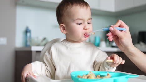 mom is feeding her cute little son from spoon. kid himself takes a piece of cheese from the plate.