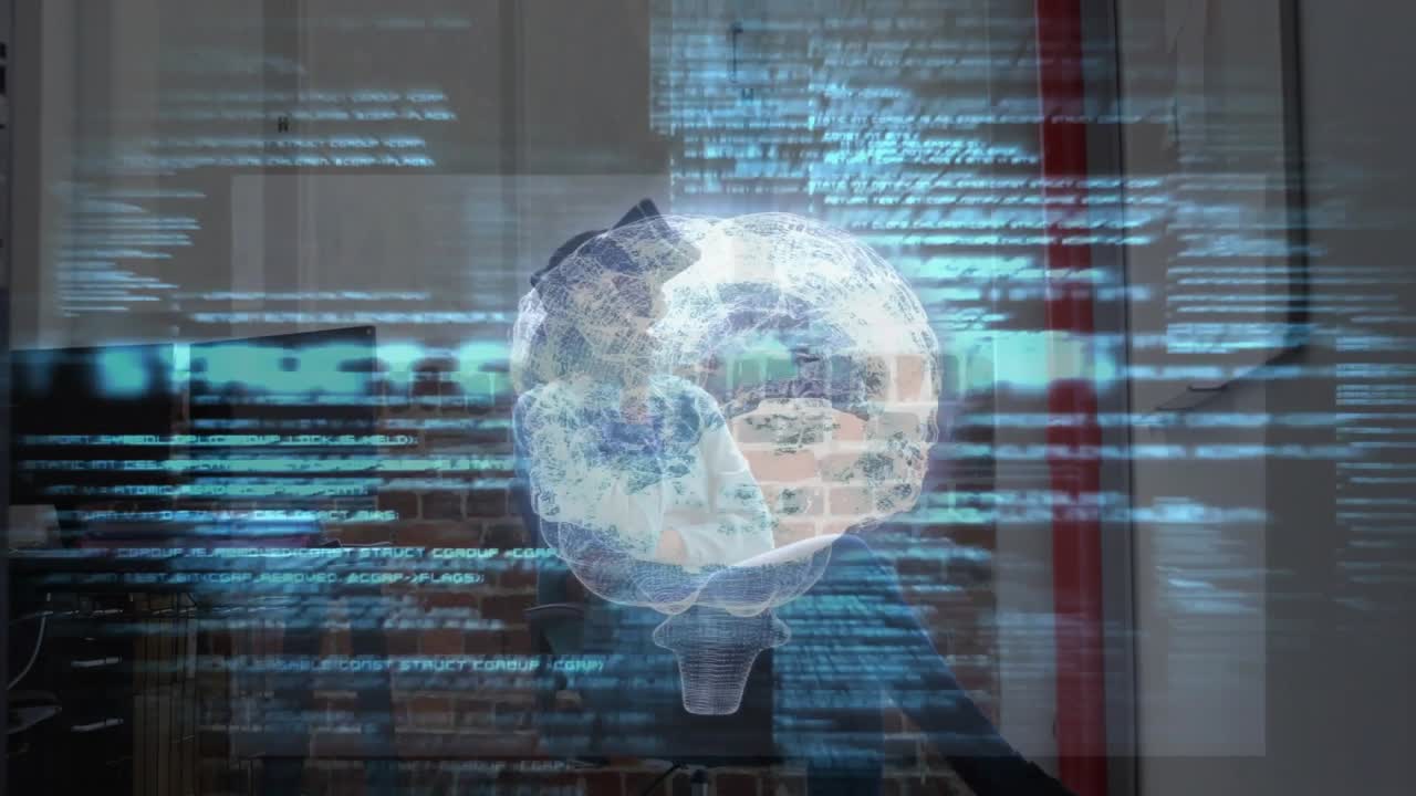 woman interacting with holographic brain in technology office, featuring floating code overlay