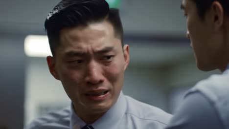 two men engage in a heartfelt conversation in an office. one man expresses deep emotion, while the other offers support, creating a powerful moment of connection and understanding.