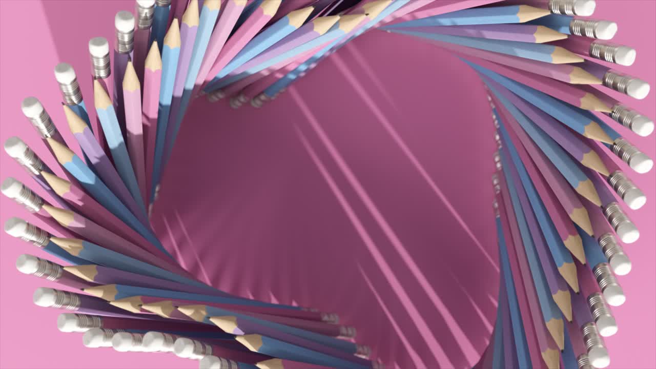 분홍색 배경 에 나선 모양 의 다채로운 연필