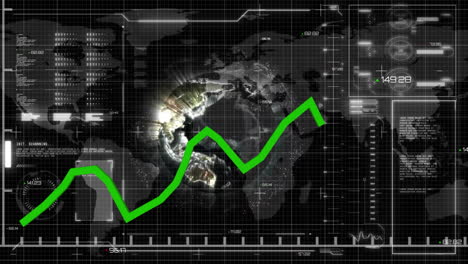 Green-line-graph-animation-over-digital-world-map-and-data-interface