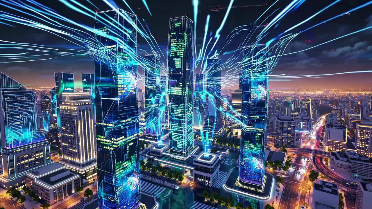 Futuristic cityscape at night with neon lights and digital lines