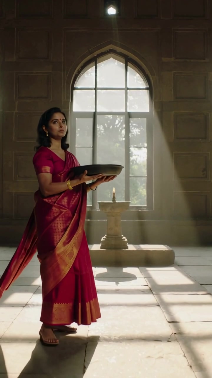 Video verticale: Donna in sari che cammina offre un vassoio a una lampada in un tempio mentre la luce forma un fascio, spazio per il testo