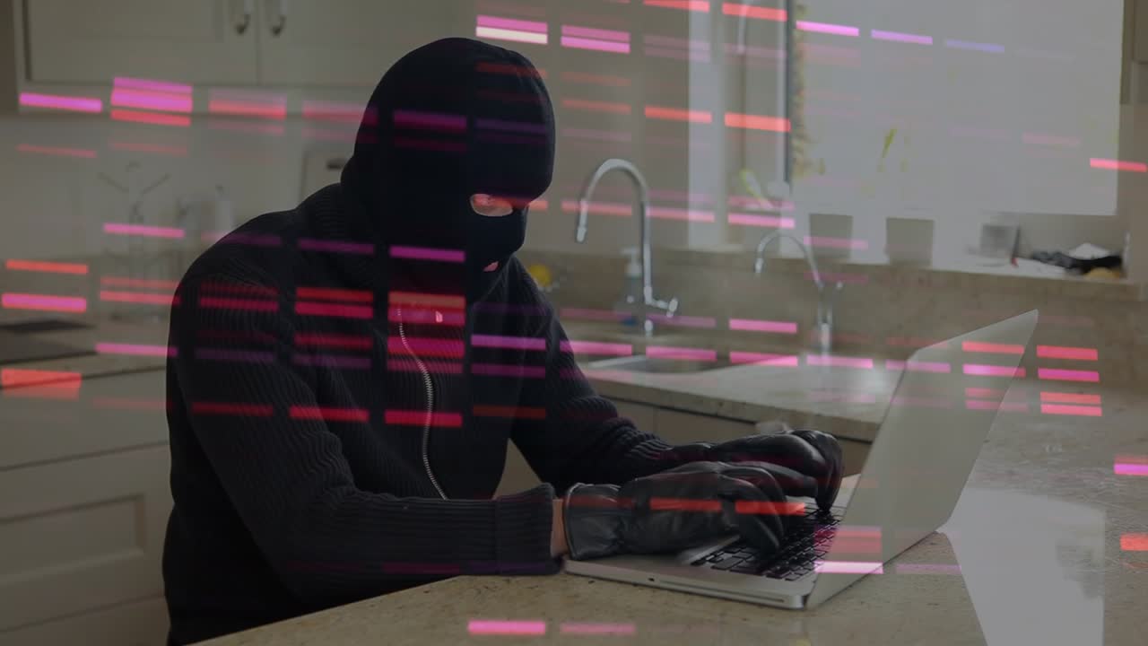 Animation af databehandling over en kaukasisk mandlig computerhacker i elefanthue, der bruger en bærbar computer