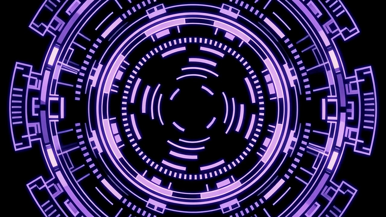 Interfaccia HUD Futuristica con Anelli Viola Luminosi ed Elementi Digitali