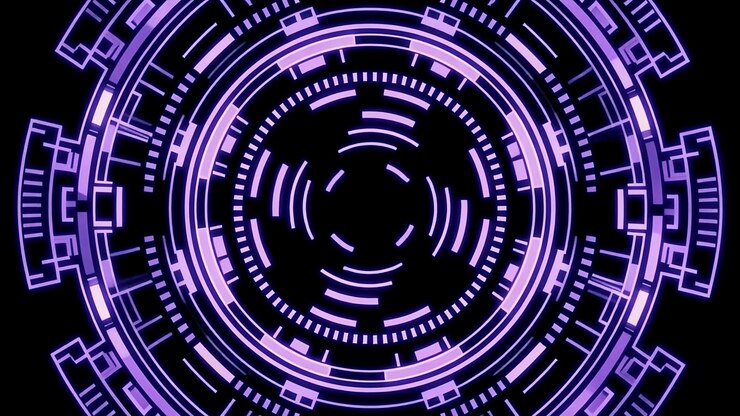 Futuristic HUD Interface with Glowing Purple Rings and Digital Elements