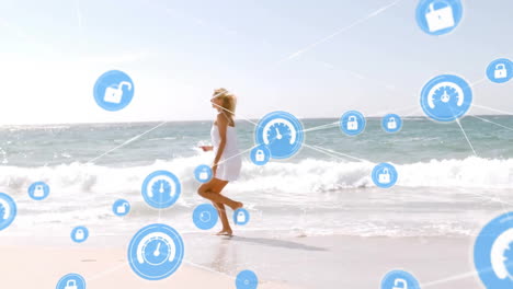 animation of networks of connections with icons over caucasian woman running on beach