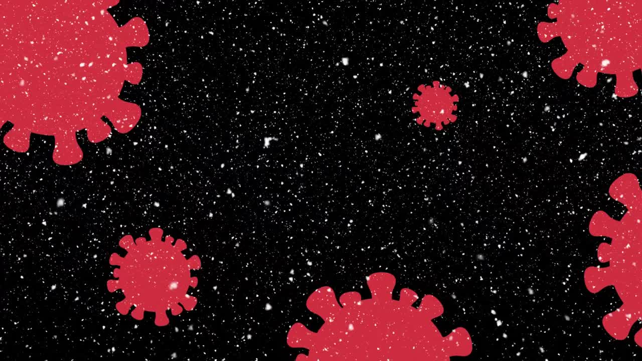 animación de células rojas de covid 19 moviéndose sobre paisajes de invierno nieve cayendo sobre fondo negro