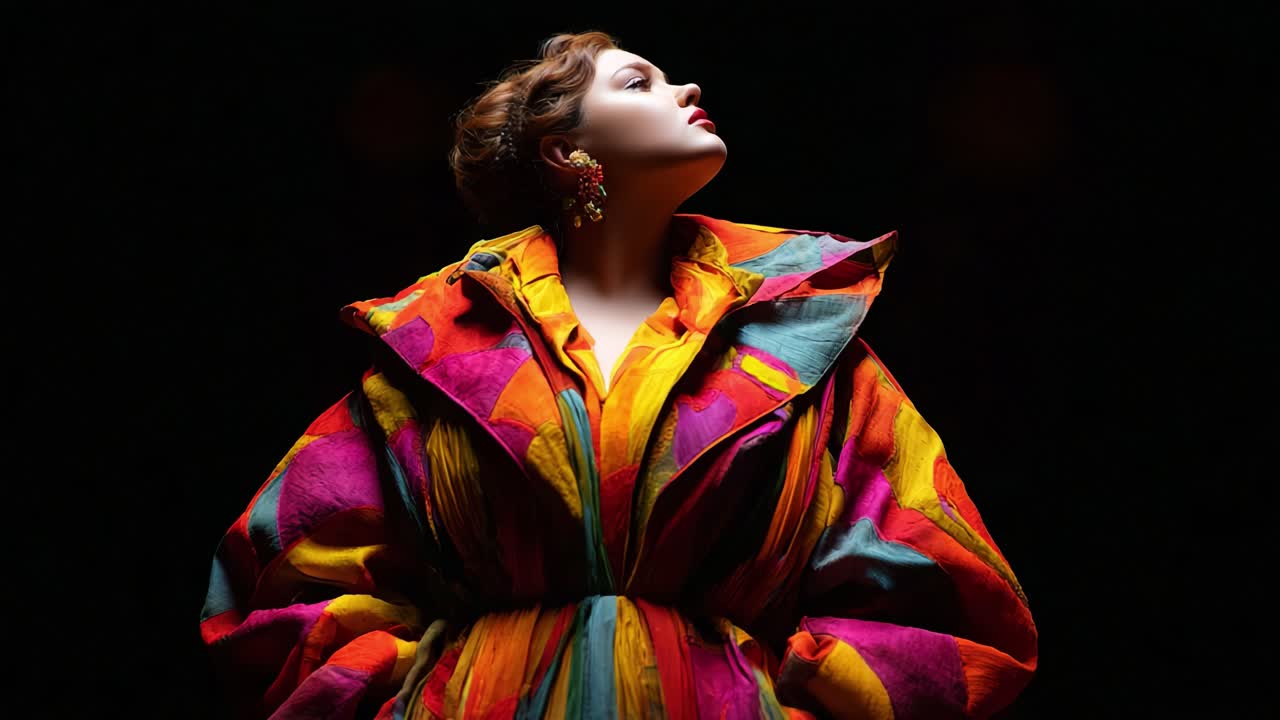 A Stunning Fashion Display Featuring a Model Dressed in a Vibrantly Colored Jacket, Illuminated Dramatically Against a Dark Background, Showcasing Style and Confidence
