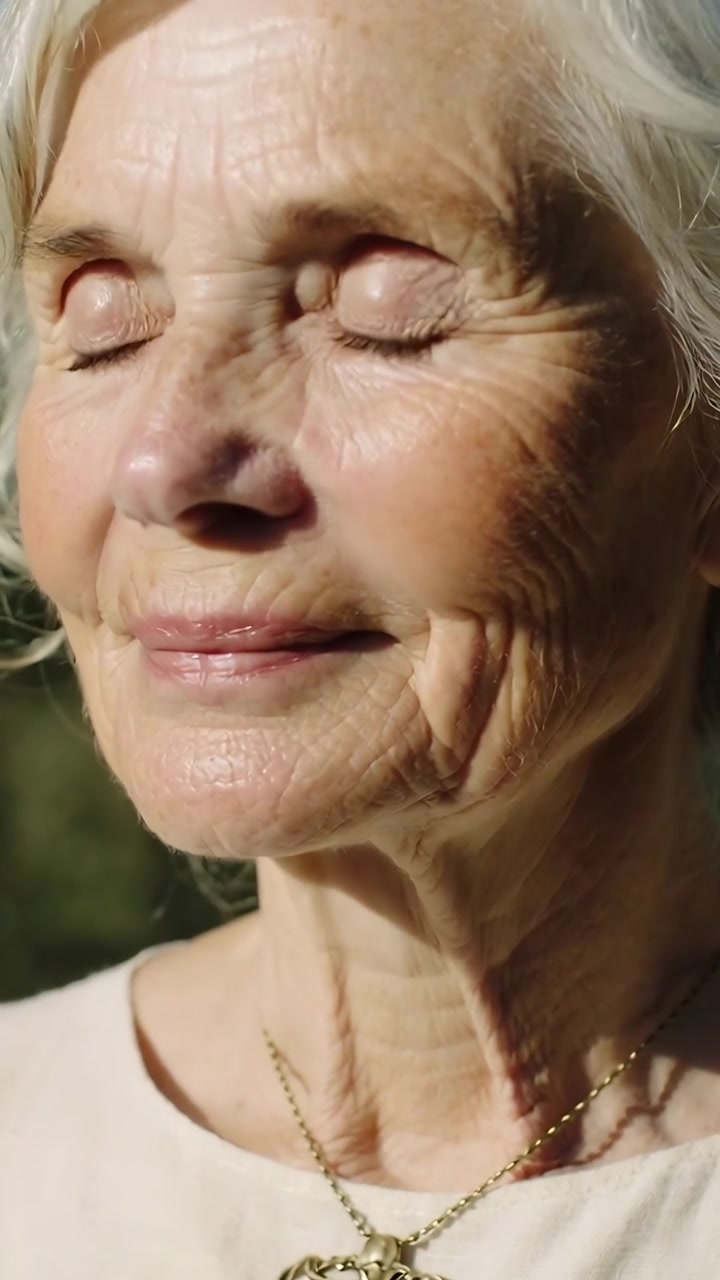 Vertical video: Closing eyes, elder woman lifting face to feel sun in garden, light top, gold chain