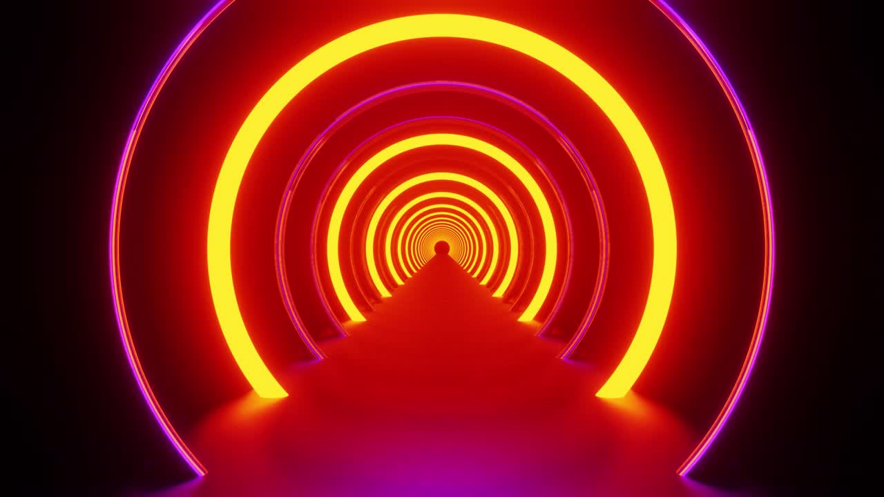 네온 오렌지색 밝은 원 터널과 보라색 조명 배경 vj 루프