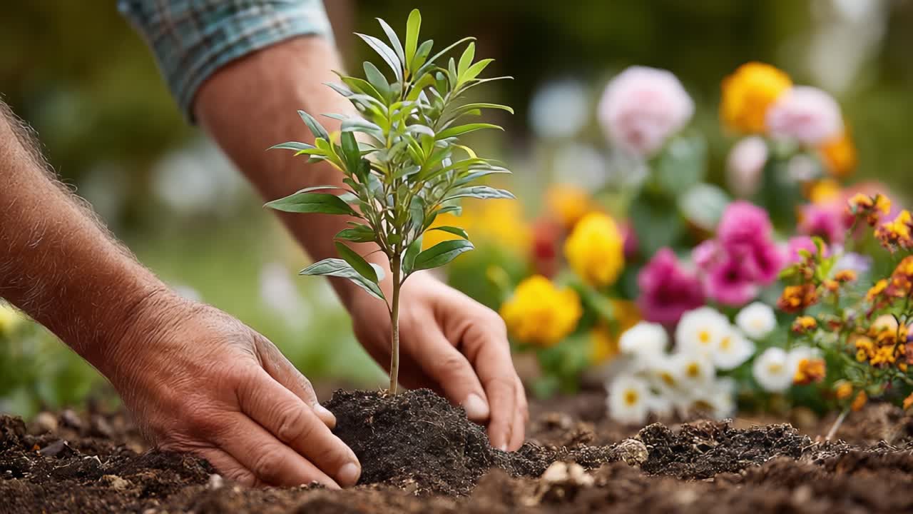 A Gardener's Touch: Nurturing New Life with Careful Planting in a Colorful Flower Garden Under Bright Sunshine