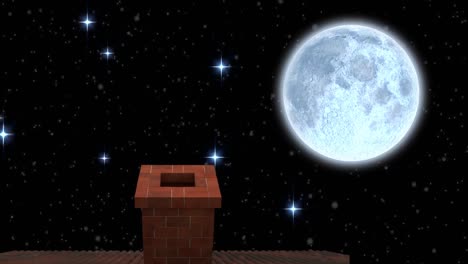 Animation-of-winter-christmas-scenery-with-chimney,-snow-falling-and-moon