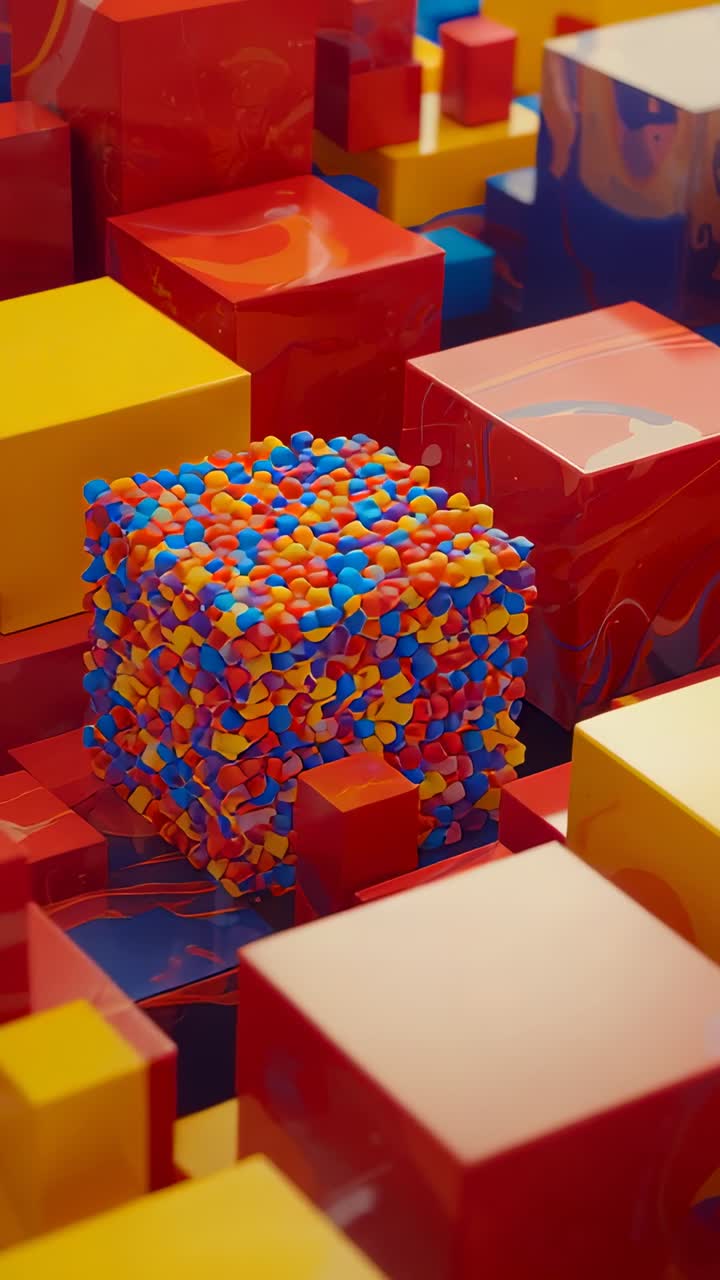Vertical video: Sequence start camera shifting around pebble cube in studio revealing glossy cubes