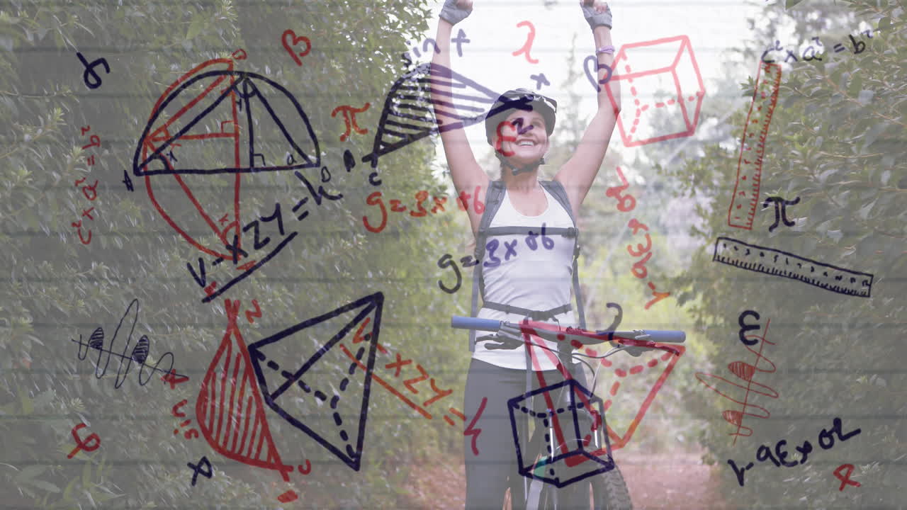 ecuaciones matemáticas y diagramas contra la mujer en bicicleta en el bosque