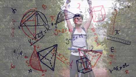 mathematical equations and diagrams against woman cycling in the forest