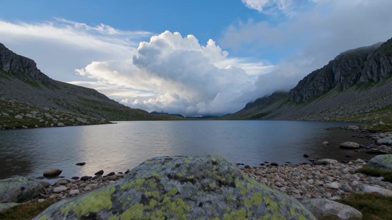 Telecamera in movimento che rivela un masso coperto di licheni che scende nell'inquadratura presso un lago alpino, mostrando una formazione nuvolosa.