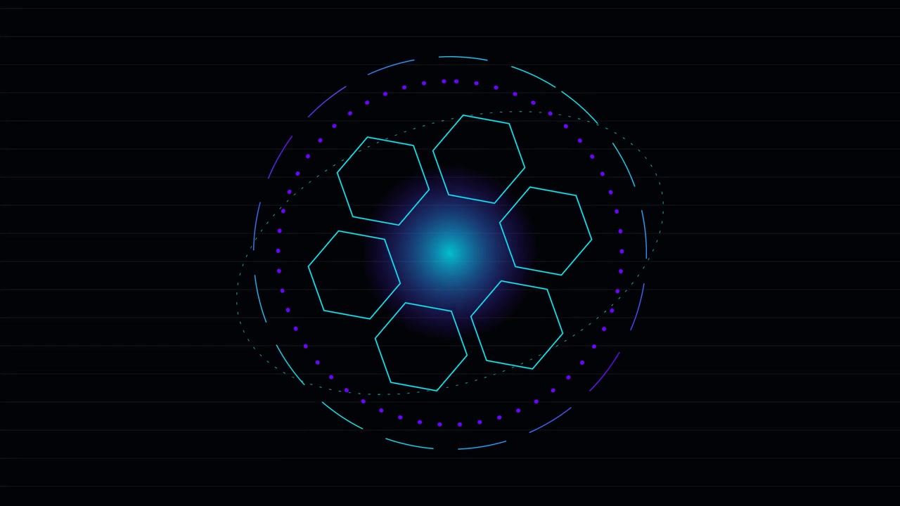 Abstract Digital HUD Interface with Rotating Hexagons and Glowing Core