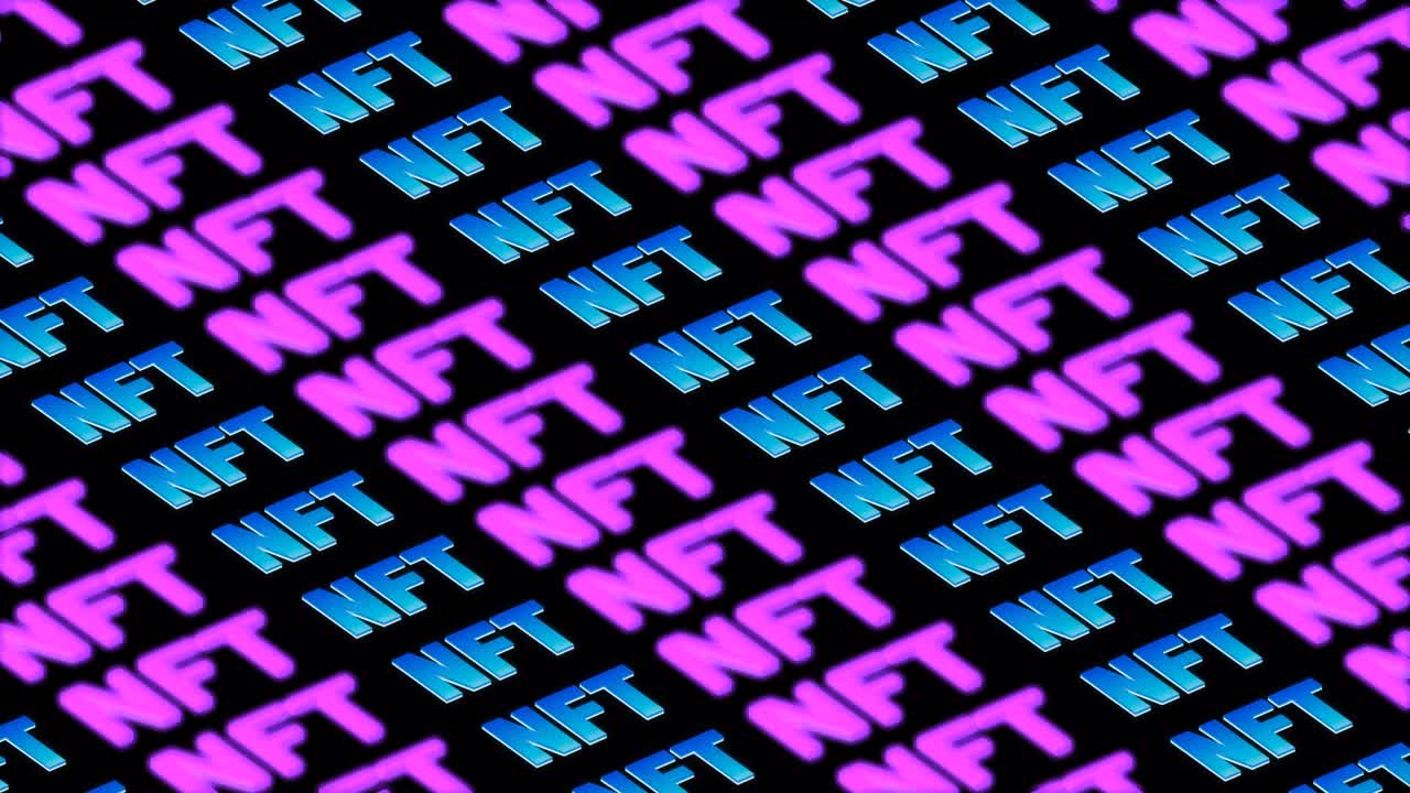 signo de arte de neón criptográfico nft, token no fungible de objetos de colección únicos, blockchain y arte digital que venden símbolo de concepto de tecnología.