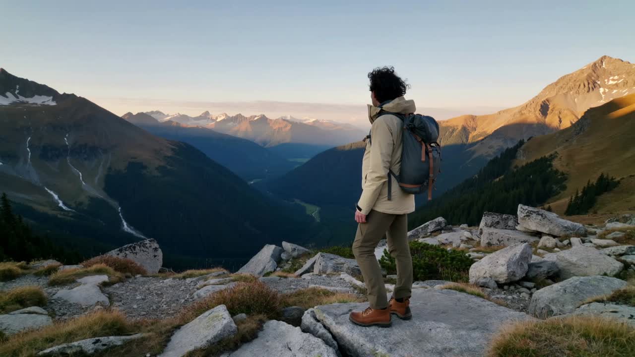 Stepping hiker in beige parka on ridge, wind lifting hood, fixing pack, viewing peaks, copy space