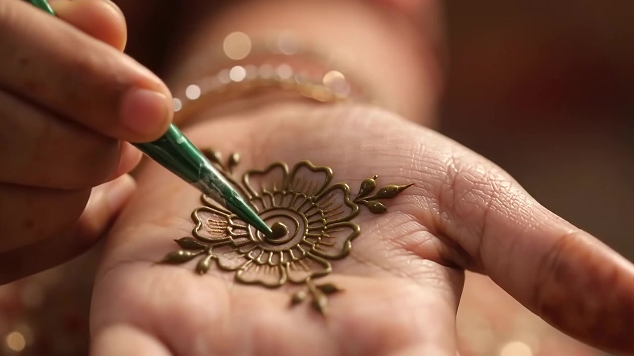 Artista applica un intricato disegno all'henné sul palmo della mano.