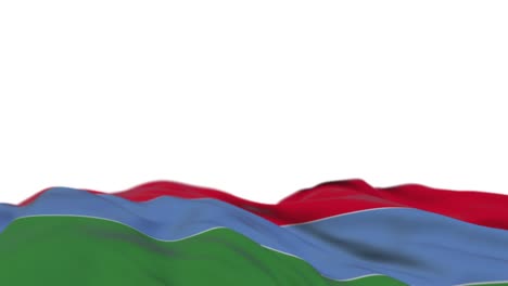 karelia fabric flag waving on the wind loop. karelian embroidery stitched cloth banner swaying on the breeze. half-filled white background. place for text. 20 seconds loop.
