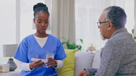 senior man, nurse and explain with pills in house