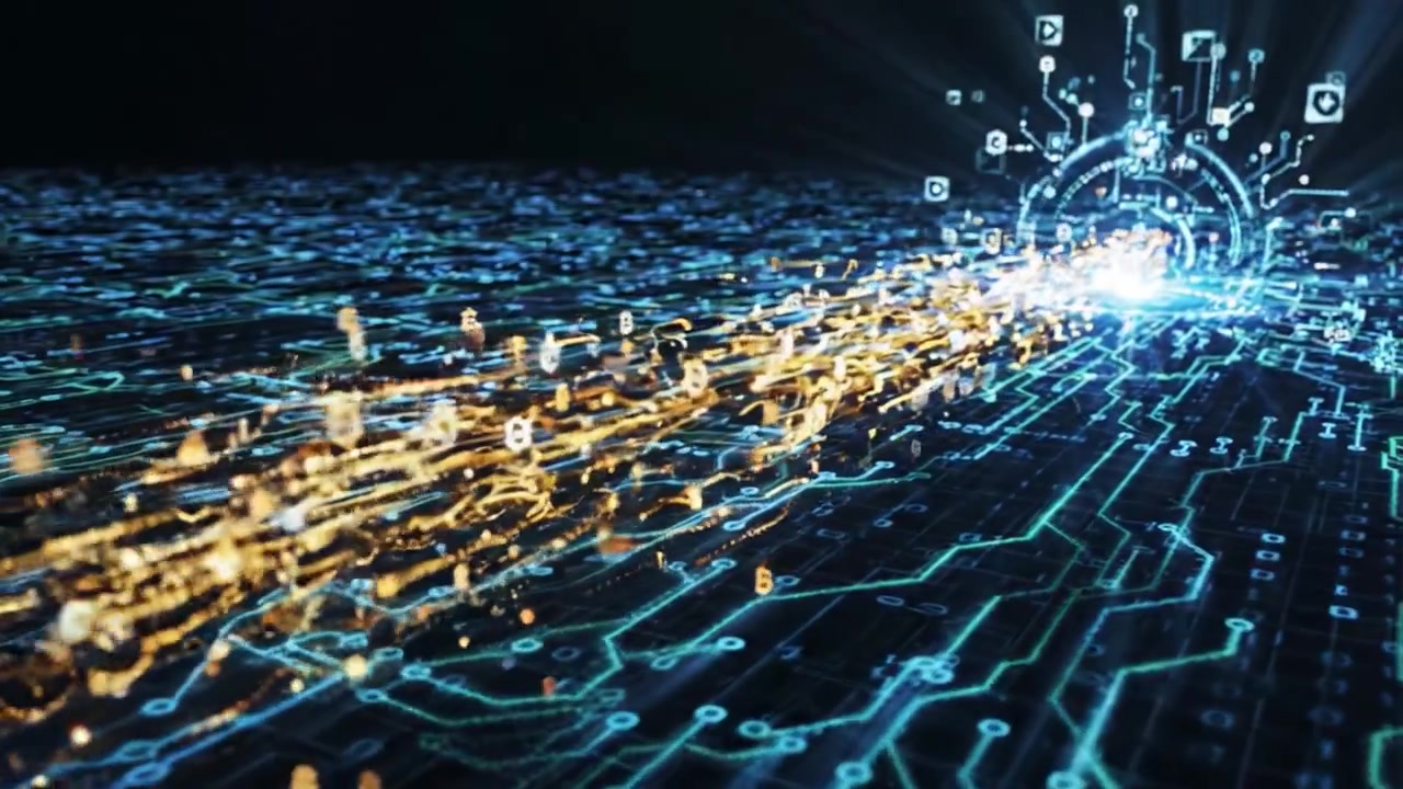 Een visuele weergave van digitale transformatie: Van eenvoudige datapatronen naar een explosieve datastroom in een futuristisch netwerklandschap.