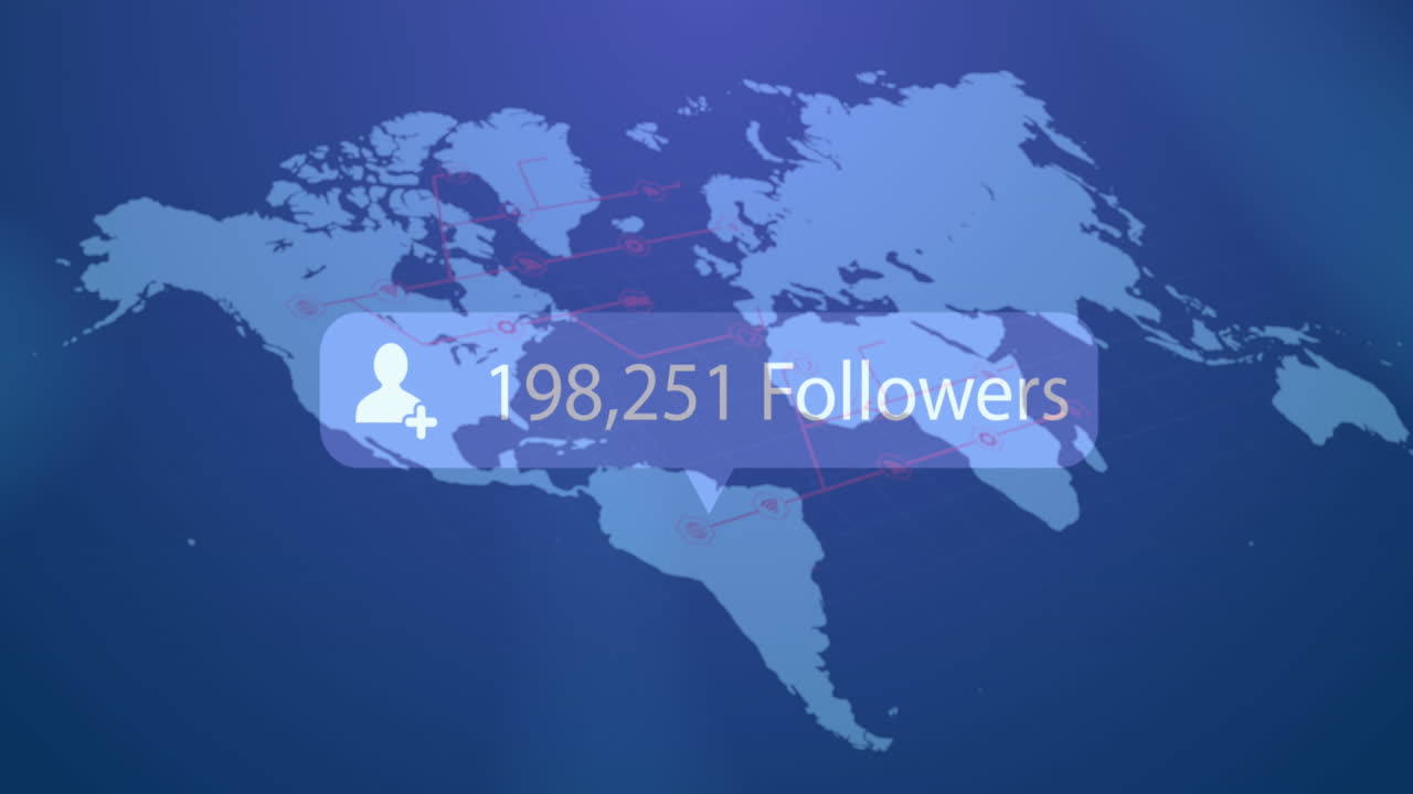 Animation of icon, changing numbers, follower text in notification bar over multicolored map