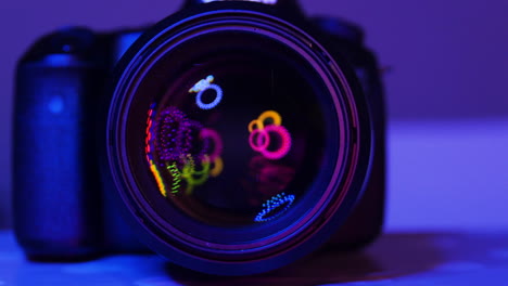 psychedelic and punk photography background, reflection of images in the lens of a camera, selective focus