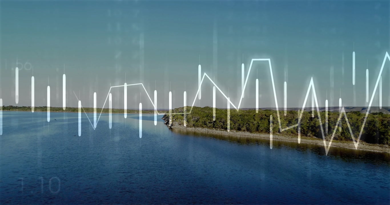 Bars appearing then connecting with moving line graph over river, illustrating shifting data values
