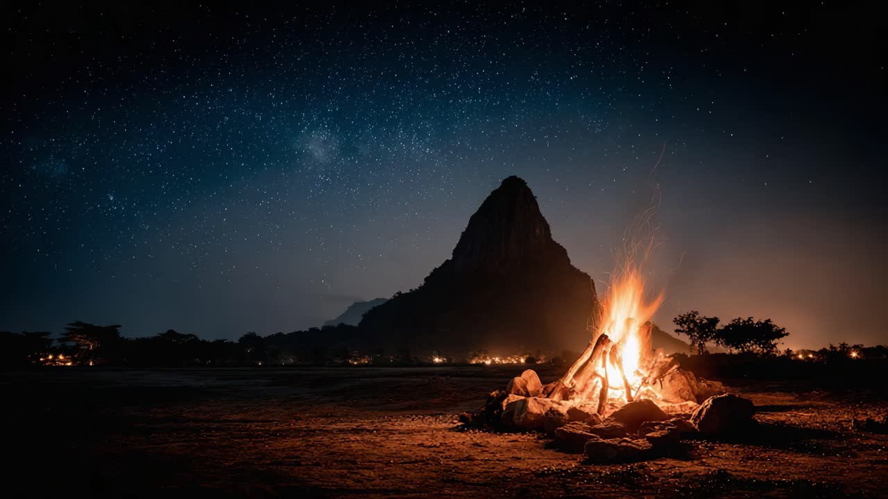 Fogueira Hipnotizante Sob um Céu Noturno Estrelado: Uma Cena Pacífica na Natureza com um Cenário Majestoso de Montanhas Iluminado pelo Brilho Quente do Fogo